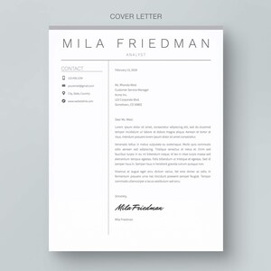 May include: A cover letter template with a gray header and a white background. The header includes the text "COVER LETTER" in a gray font and the name "MILA FRIEDMAN" in a black font. The text "ANALYST" is in a gray font below the name. The contact information is listed in the left column, and the letter is addressed to Ms. Rhonda West, Customer Service Manager at Acme Inc. The letter is dated February 23, 2018.