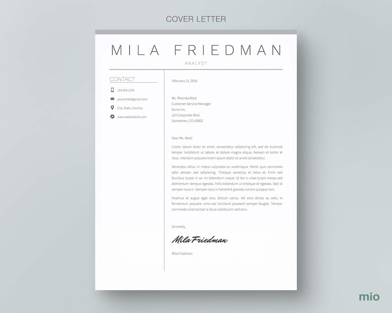 May include: A cover letter template with a gray header and a white background. The header includes the text "COVER LETTER" in a gray font and the name "MILA FRIEDMAN" in a black font. The text "ANALYST" is in a gray font below the name. The contact information is listed in the left column, and the letter is addressed to Ms. Rhonda West, Customer Service Manager at Acme Inc. The letter is dated February 23, 2018.
