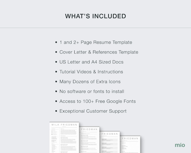 May include: A digital download of a resume template with a minimalist design. The template includes a cover letter and references template, US letter and A4 sized documents, tutorial videos, extra icons, access to 100+ free Google fonts, and exceptional customer support.