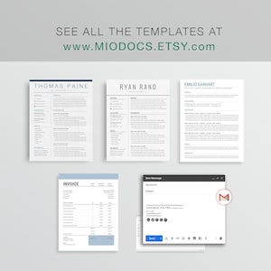 May include: A collection of digital templates, including resumes, invoices, and an email draft. The templates feature a clean, minimalist design with a white background and dark blue and black text. The website address www.MIODOCS.ETSY.com is displayed at the top.