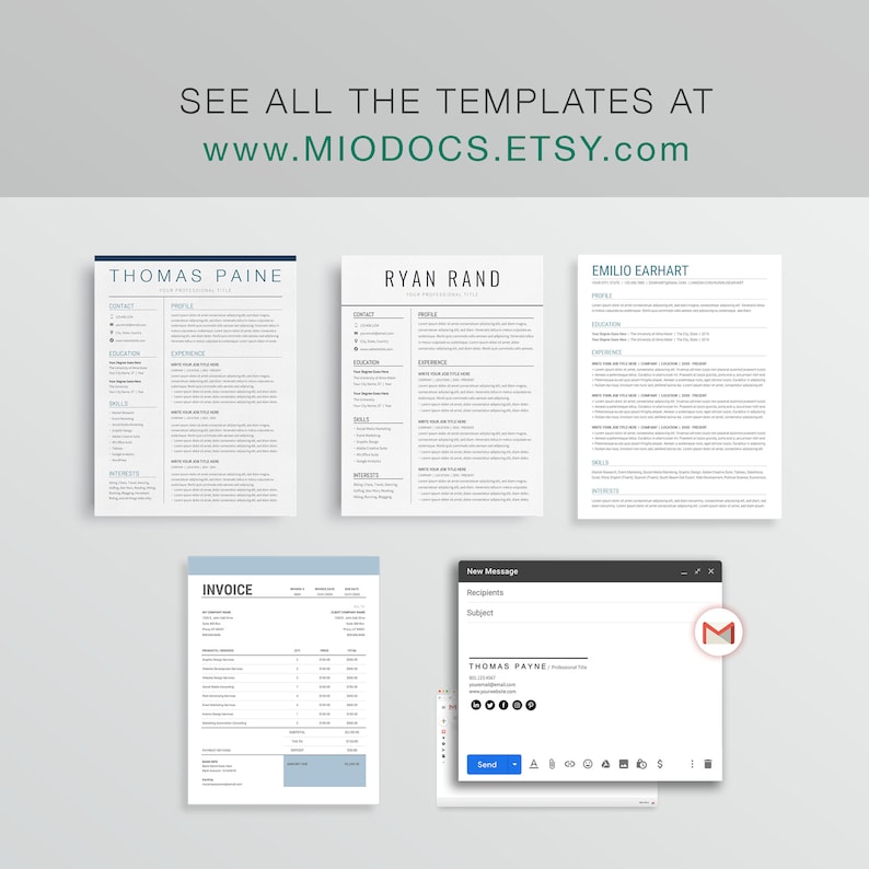 May include: A collection of digital templates, including resumes, invoices, and an email draft. The templates feature a clean, minimalist design with a white background and dark blue and black text. The website address www.MIODOCS.ETSY.com is displayed at the top.