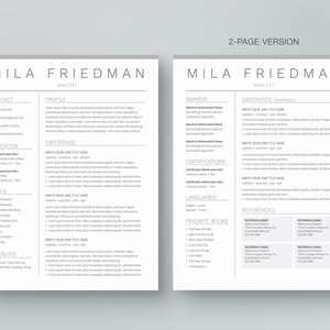 May include: A two-page resume template in a gray and white color scheme. The resume is for Mila Friedman, Analyst. The resume includes contact information, profile, education, experience, skills, interests, awards, certifications, languages, favorite books, and references.
