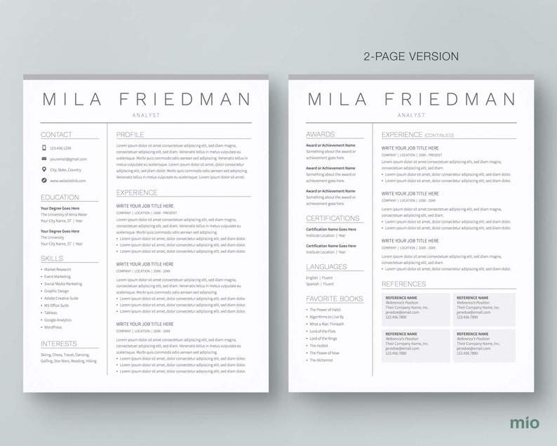 May include: A two-page resume template in a gray and white color scheme. The resume is for Mila Friedman, Analyst. The resume includes contact information, profile, education, experience, skills, interests, awards, certifications, languages, favorite books, and references.