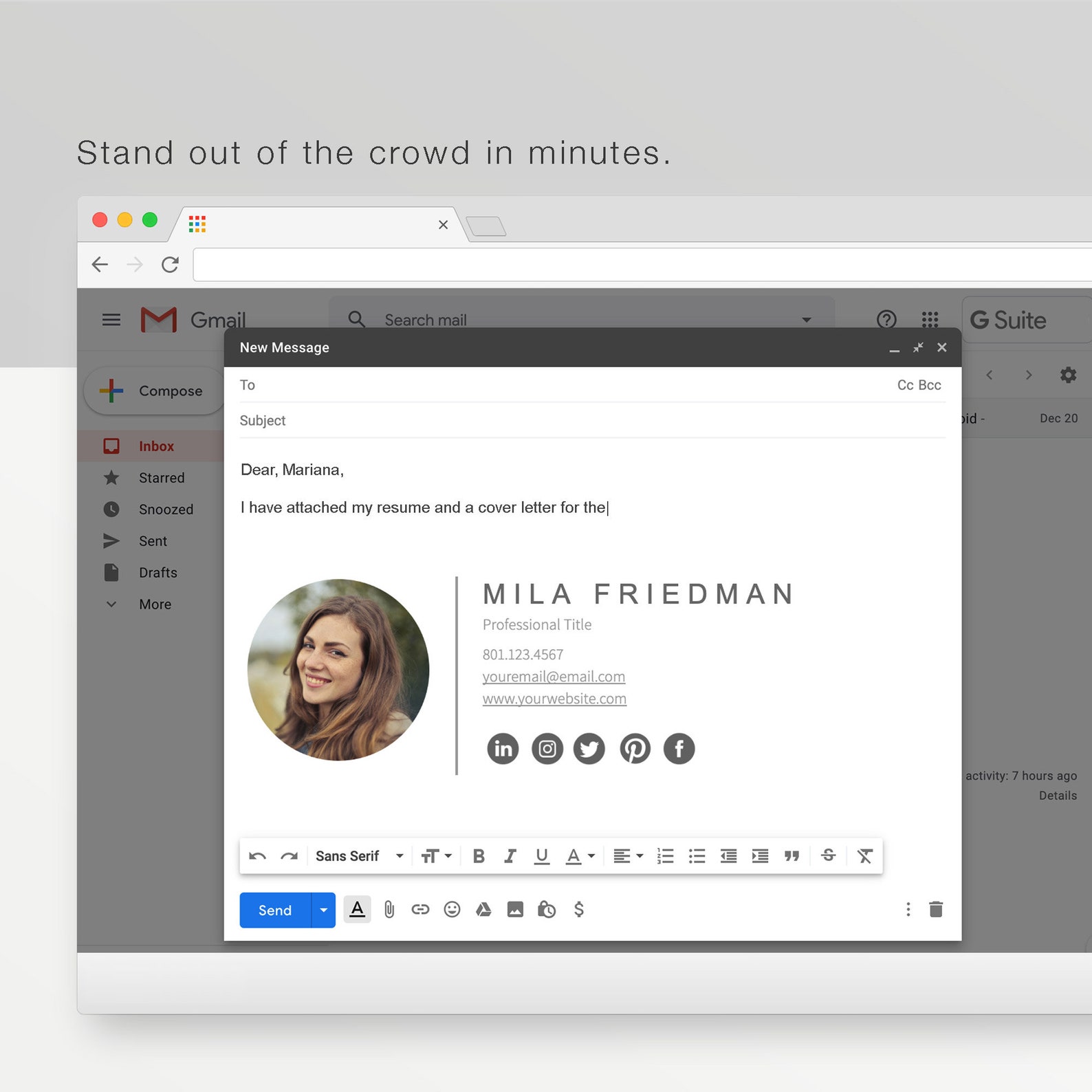Plantilla de firma de correo electrónico de Gmail. Una moderna plantilla de clic de firma de Plantilla de firma de correo electrónico de Gmail. Una moderna plantilla de clic de firma de