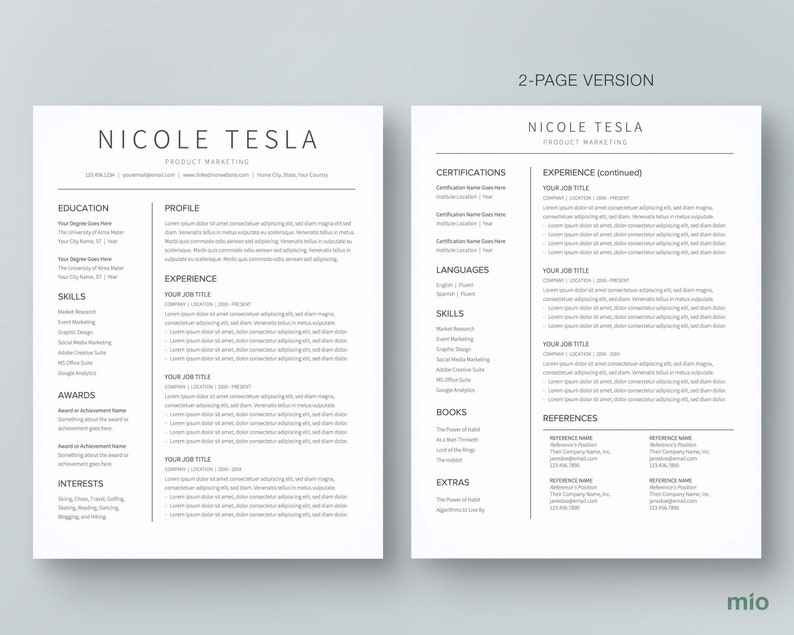 The main page and two page version of the Google Docs resume template or CV template