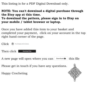 May include: Instructions on how to download a digital PDF crochet pattern from Etsy. The text includes the words "Purchases and reviews", "Download Files", and "Download". A black and white illustration of a crochet hook and a knot is in the bottom right corner.