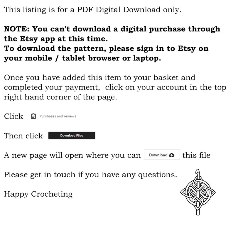 May include: Instructions on how to download a digital PDF crochet pattern from Etsy. The text includes the words "Purchases and reviews", "Download Files", and "Download". A black and white illustration of a crochet hook and a knot is in the bottom right corner.