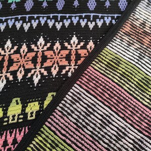K&ouml;nnte beinhalten: Nahaufnahme von zwei geh&auml;kelten Decken, eine mit schwarzem Hintergrund und bunten geometrischen Mustern, die andere mit einem gestreiften Muster in Rosa-, Gr&uuml;n- und Wei&szlig;t&ouml;nen.