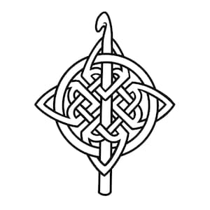 May include: Black and white line drawing of a Celtic knot design with a hook at the top. The knot is in the shape of a circle with four points.
