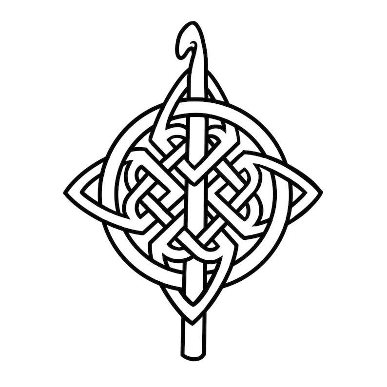 K&ouml;nnte beinhalten: Schwarz-wei&szlig;-Zeichnung eines keltischen Knotendesigns mit einem Haken oben. Der Knoten hat die Form eines Kreises mit vier Punkten.