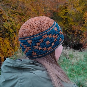 May include: A brown and teal crocheted beanie with a geometric pattern. The beanie is being worn by a person with long brown hair.