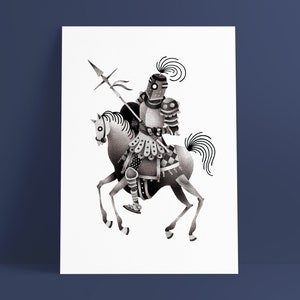 Puede incluir: Una ilustración en blanco y negro de un caballero a caballo. El caballero lleva armadura y sostiene una lanza. El caballo se levanta sobre sus patas traseras.