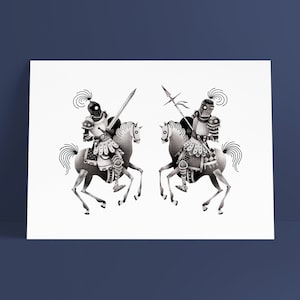Puede incluir: Ilustración en blanco y negro de dos caballeros a caballo enfrentados. Los caballeros llevan armadura y cascos, y sostienen espadas y lanzas. Los caballos se alzan sobre sus patas traseras.
