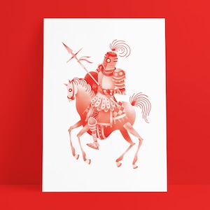 Puede incluir: Una ilustración roja de un caballero a caballo, el caballero lleva armadura y sostiene una lanza, el caballo tiene una cola larga y una crin