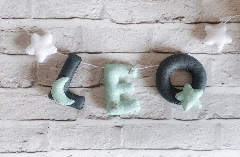 Felt Name Banner Name Garland Mint Décor Grey Décor Star Moon Bunting Gender Nutrual Baby Baby Shower Gift Minimalist Cot image 1