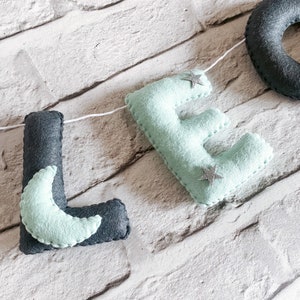 Felt Name Banner Name Garland Mint Décor Grey Décor Star Moon Bunting Gender Nutrual Baby Baby Shower Gift Minimalist Cot image 3