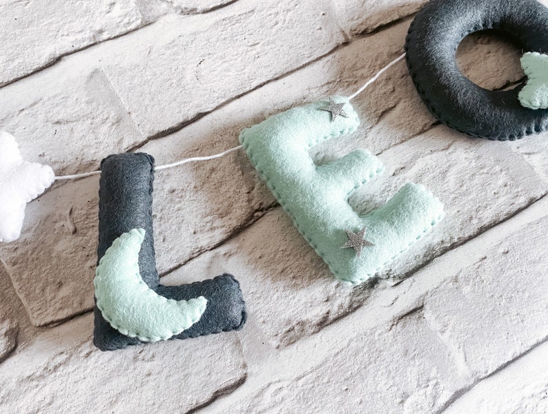 Felt Name Banner Name Garland Mint Décor Grey Décor Star Moon Bunting Gender Nutrual Baby Baby Shower Gift Minimalist Cot image 3