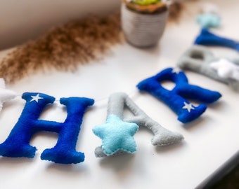 Felt Name Banner | Name Garland | Navy Sliver and White Décor | Name Reveal | Star Bunting | Gender Nutrual Baby | Baby Shower Gift