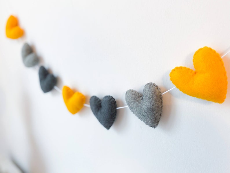 Scandi Felt Hearts Garland, Nursery Wall Hanging, Mustard Grey Black Hearts Nursery Decor, Hearts Garland, Scandi Style, Newborn Gift image 3