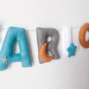 Felt Name Banner | Name Garland | Cream Blue Décor | Natural Décor | Star Bunting | Gender Nutrual Baby | Baby Shower Gift | Minimalist Cot