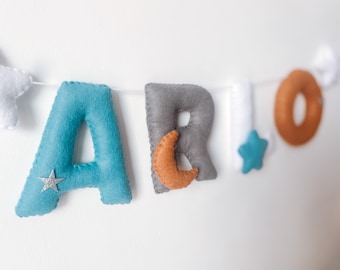 Felt Name Banner | Name Garland | Cream Blue Décor | Natural Décor | Star Bunting | Gender Nutrual Baby | Baby Shower Gift | Minimalist Cot