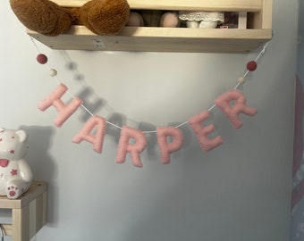 Custom Name Banner | Name Garland | Blush Pink and White Décor | Cot Mobile | Star Bunting | Gender Neutral Baby | Baby Shower Gift