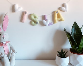 Felt Name Banner | Name Garland | Pastel Décor | Blush and White Décor | Heart Bunting | Pastel Baby | Baby Shower