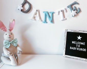 Felt Name Banner | Name Garland | Blue and White Décor | Blush and White Décor | Star Bunting | Gender Neutral Baby | Baby Shower Gift