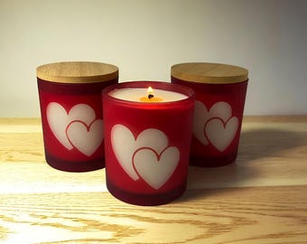 Etched Red Glass Soy Candle 10oz Aromatherapy Valentine Gift Bamboo Lid Handmade