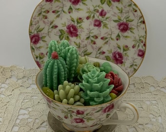 Succulent Teacup Candle | Vintage China Soy Candle | Cactus Flower Jade Scent | Gardener Gift for Her Mom Grandma | Retirement Gift