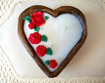 Heart Dough Bowl Candle | Rustic 3 Wick Soy Candle | Wax Flowers | Farmhouse Wedding Gift | Valentine's Day Anniversary Gift
