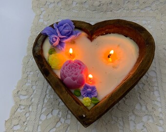 Heart Dough Bowl Candle | Three-Wick Soy with Flower Accents | Farmhouse Valentine Romantic Gift