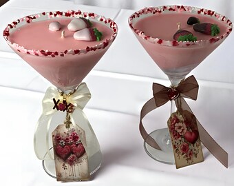 Strawberry Martini Candle | Hand Blown Crystal Glass, Candy Heart Rim, 7oz Soy Wax