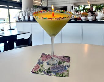 Birthday Cake Martini Candle Confetti Rim Soy Wax Hand Blown Glass Birthday Gift