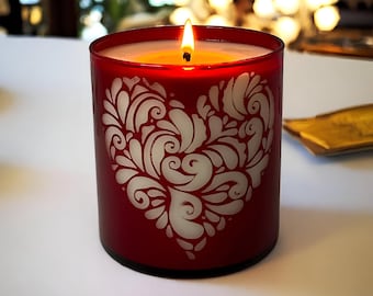 Etched Red Glass Heart Candle | 16oz Soy Wax, 80hr Burn Time, Gothic Romance Vessel