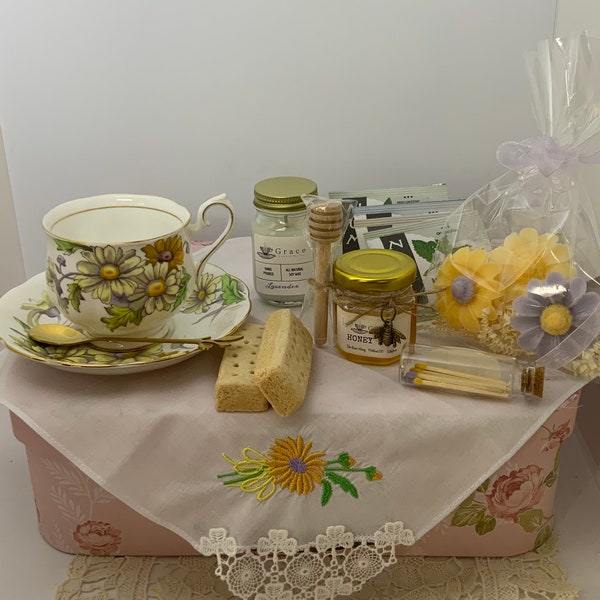 Tea Gift  Box, Vintage Royal Albert Daisy, Care Package,Tea for One Gift Basket, Tea Drinker Gift, Tea Sampler
