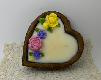 Romantic Heart Dough Bowl Candle | 9oz 3 Wick 40hr | Farmhouse Cottagecore | Wax Flowers + Matches | Valentine Anniversary Gift