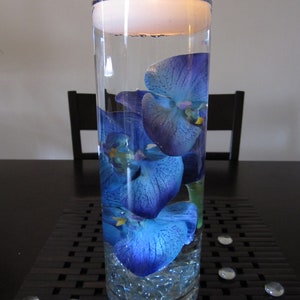 submersible blue floral glass  wedding centerpiece vase with candle