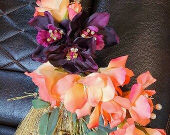Rhinestone Wedding Broom: Peach Gladiolus, Eggplant Orchids, Leather Handle