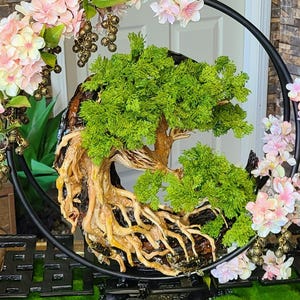 May include: A decorative bonsai tree sculpture with a green, leafy canopy and exposed roots. The tree is set within a black circular frame, adorned with pink and white flowers and gold accents. A gold coin with red accents sits atop the frame.