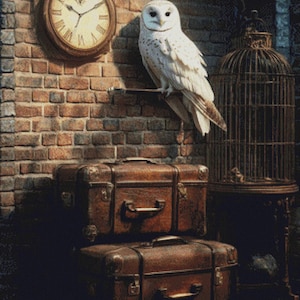 May include: A white owl perched on a wooden ledge, with a vintage clock on the brick wall behind it. Two brown leather suitcases are stacked on the floor, and a birdcage is in the background.