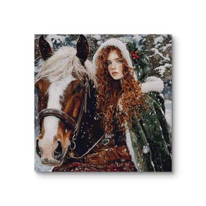 Meisje en paard kruissteekpatroon, getelde kruissteek winterpatroon, afdrukbare grafiek, pdf-formaat handwerkborduurwerk, volledige dekking