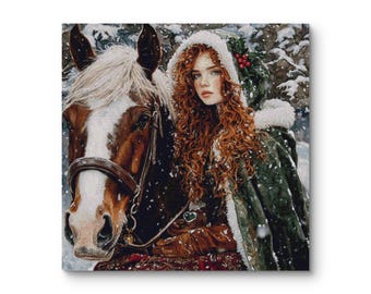 Winter Girl with Horse Cross Stitch Pattern, Snow Landscape, Cozy Christmas Design, Full Coverage PDF