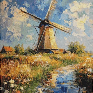 Puede incluir: Un molino de viento tradicional con aspas blancas se alza en un campo de hierba alta y flores silvestres. El molino está pintado de color marrón claro con detalles azules. El cielo es azul brillante con nubes blancas.