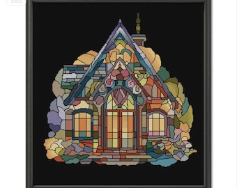 Cross Stitch Pattern House Needlework Chart PDF Saga Digital Chart Stained Glass House Modern Embroidery Counted Cross Stitch Design House