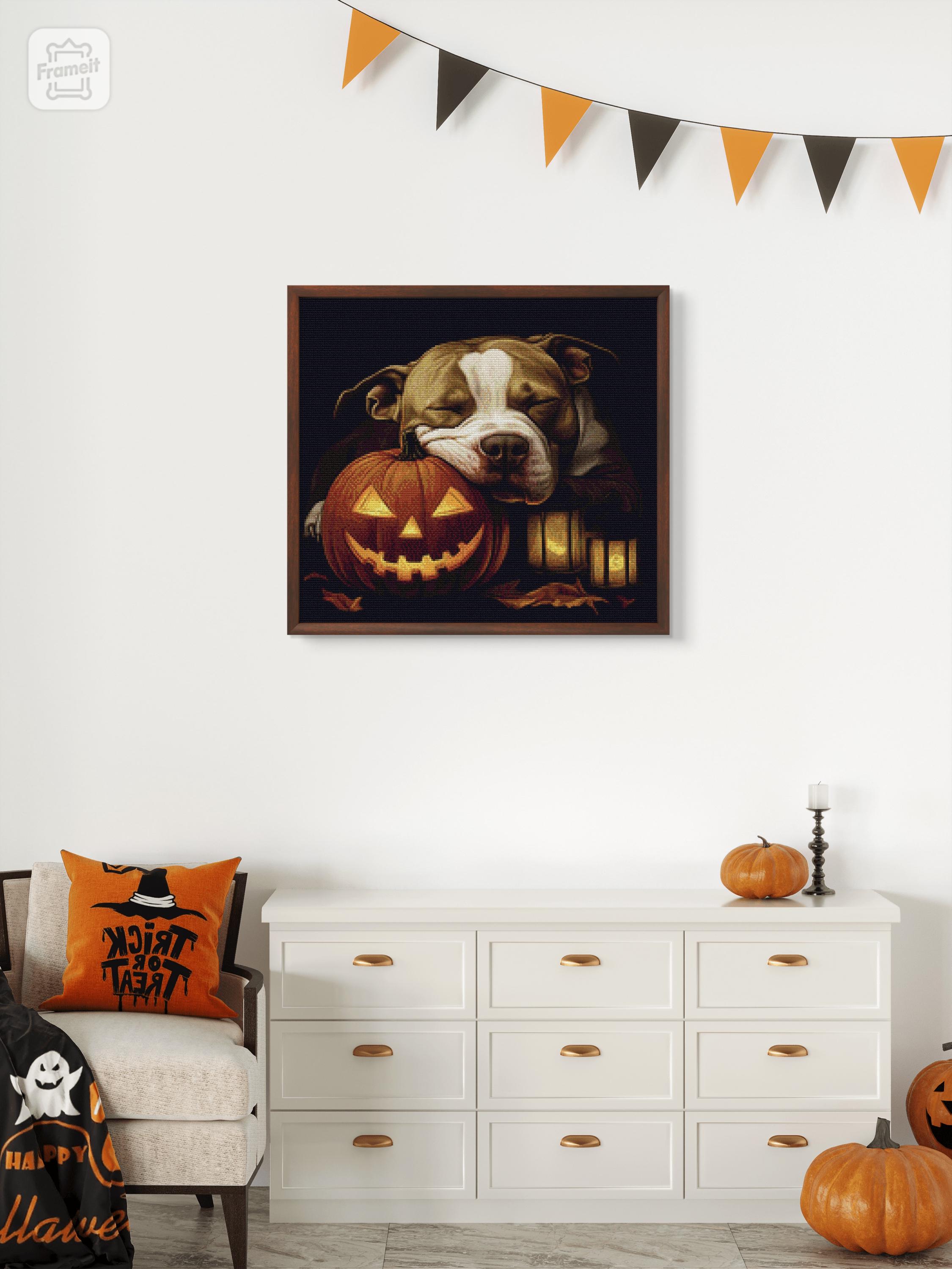 Sleeping Dog With Pumpkin X-stitch Pattern, Cross Stitch PDF