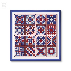 Patrón de punto de cruz de edredón rojo y azul PDF Gráfico de punto X Diseño geométrico de punto de cruz Patchwork Costura Patrón digital Arte de pared DIY