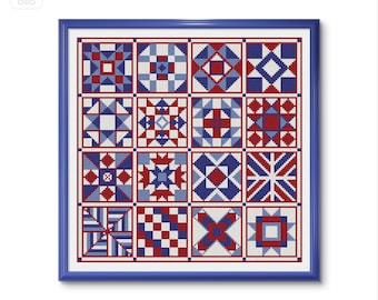 May include: A framed cross-stitch design featuring a patchwork of 16 different squares in red, white, and blue. Each square has a unique geometric pattern.