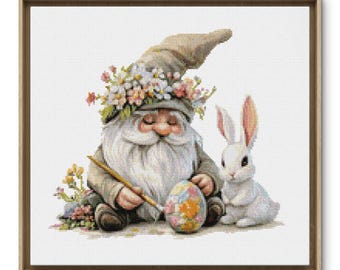 Cross Stitch Pattern Easter Gnome and Bunny, Modern Cross Stitch Pattern, Easter Embroidery Dwarf, PDF, Saga, Easter Egg X Stitch Pattern