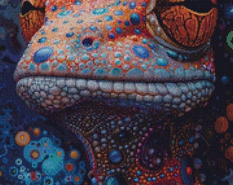 Cross Stitch Pattern Psychedelic Lizard, Modern Multicolored Lizard X Stitch Design, Instant Download PDF Pattern Gecko, Gecko Embroidery